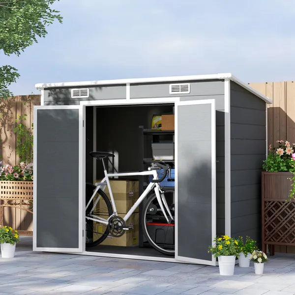 Outsunny 8' x 4' Plastic Outdoor Storage Shed with Floor, Window, Lockable Doors and Vents for Backyard Patio Lawn, Gray - product image 2