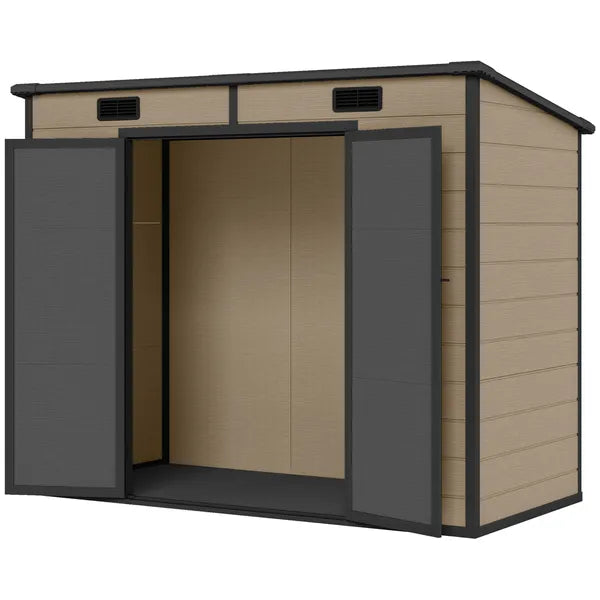 Outsunny 8' x 4' Plastic Outdoor Storage Shed with Floor, Window, Lockable Doors and Vents for Backyard Patio Lawn, Light Brown - product image 1