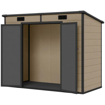 Outsunny 8' x 4' Plastic Outdoor Storage Shed with Floor, Window, Lockable Doors and Vents for Backyard Patio Lawn, Light Brown - product image 1