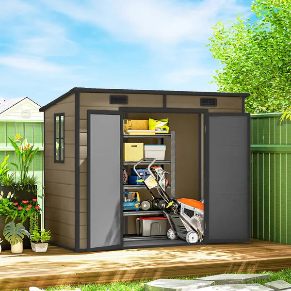 Outsunny 8' x 4' Plastic Outdoor Storage Shed with Floor, Window, Lockable Doors and Vents for Backyard Patio Lawn, Light Brown - product image 10