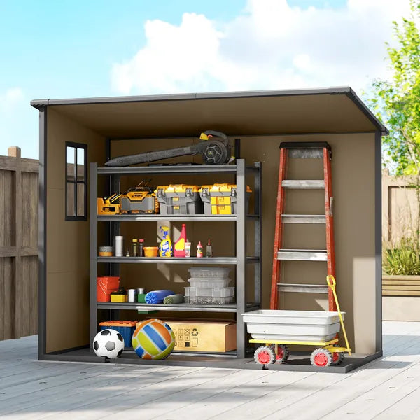 Outsunny 8' x 4' Plastic Outdoor Storage Shed with Floor, Window, Lockable Doors and Vents for Backyard Patio Lawn, Light Brown - product image 9
