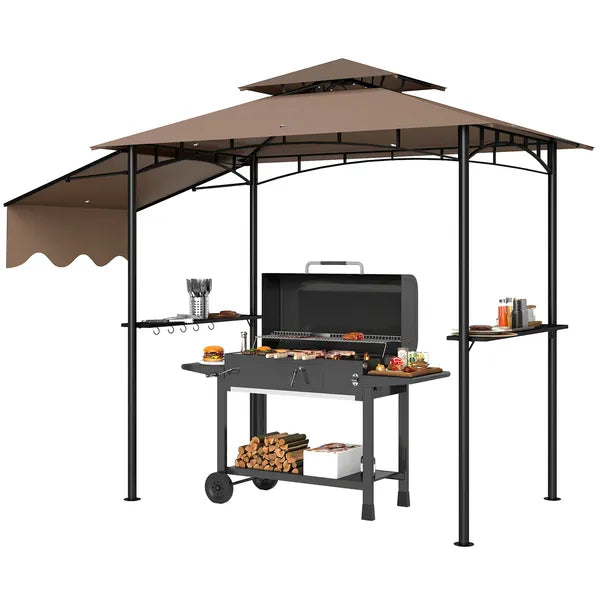 8' x 5' Outdoor Grill Gazebo, Barbecue Gazebo Shelter with Side Awning, 2 Side Shelves and 6 Hooks, Brown - product image 1