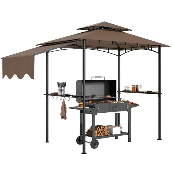 8' x 5' Outdoor Grill Gazebo, Barbecue Gazebo Shelter with Side Awning, 2 Side Shelves and 6 Hooks, Brown - product image 11