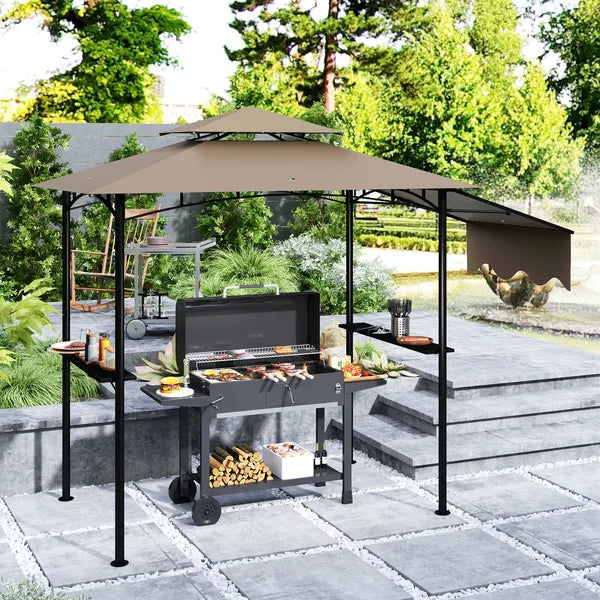 8' x 5' Outdoor Grill Gazebo, Barbecue Gazebo Shelter with Side Awning, 2 Side Shelves and 6 Hooks, Brown - product image 2