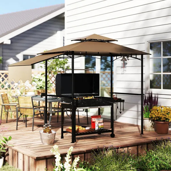 8' x 5' Outdoor Grill Gazebo, Barbecue Gazebo Shelter with Side Awning, 2 Side Shelves and 6 Hooks, Brown - product image 8