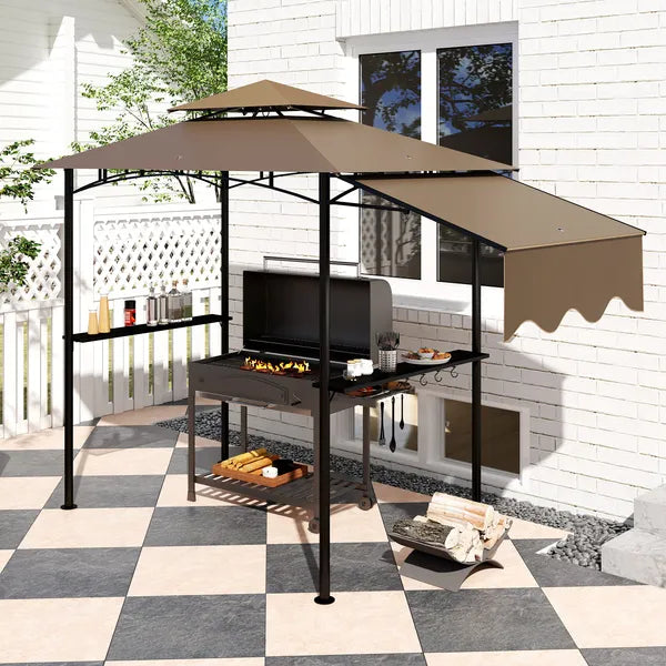 8' x 5' Outdoor Grill Gazebo, Barbecue Gazebo Shelter with Side Awning, 2 Side Shelves and 6 Hooks, Brown - product image 9