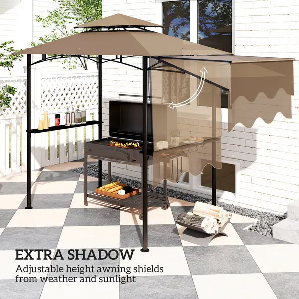 8' x 5' Outdoor Grill Gazebo, Barbecue Gazebo Shelter with Side Awning, 2 Side Shelves and 6 Hooks, Brown - product image 4