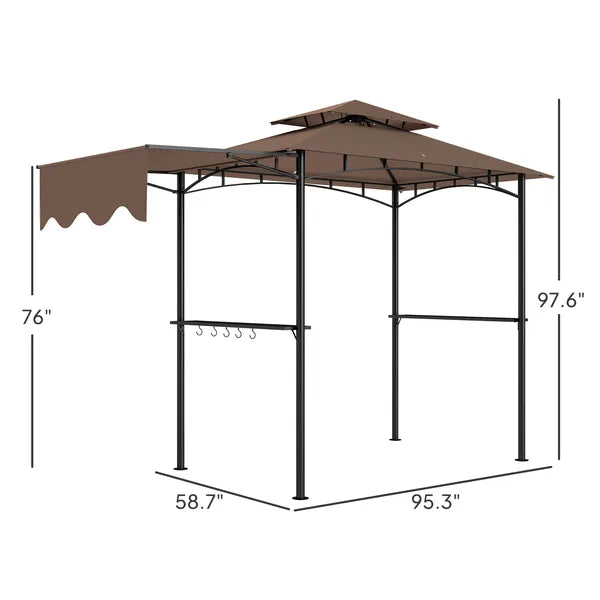8' x 5' Outdoor Grill Gazebo, Barbecue Gazebo Shelter with Side Awning, 2 Side Shelves and 6 Hooks, Brown - product image 3