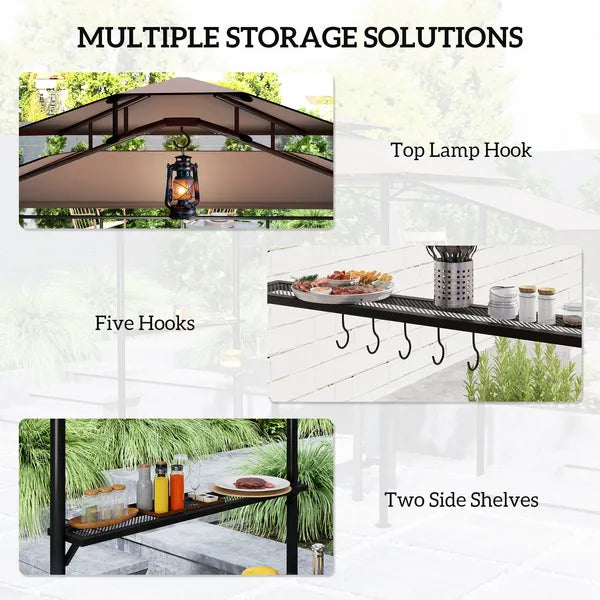 8' x 5' Outdoor Grill Gazebo, Barbecue Gazebo Shelter with Side Awning, 2 Side Shelves and 6 Hooks, Brown - product image 6