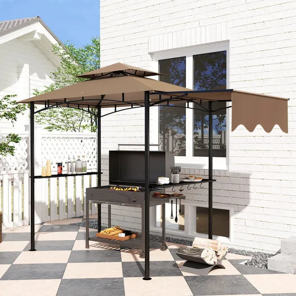 8' x 5' Outdoor Grill Gazebo, Barbecue Gazebo Shelter with Side Awning, 2 Side Shelves and 6 Hooks, Brown - product image 10