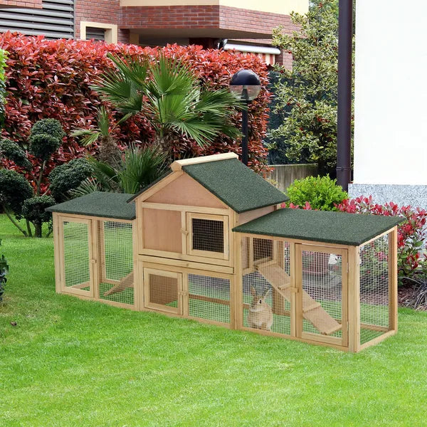 PawHut 83 Wooden Rabbit Hutch Large Bunny House Double Run Removable Tray Waterproof Roof Outdoor Natural - product image 2