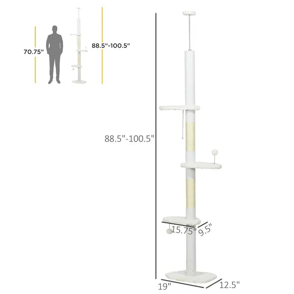 PawHut 8.4' Floor to Ceiling Cat Tree, Adjustable Height, White - product image 3