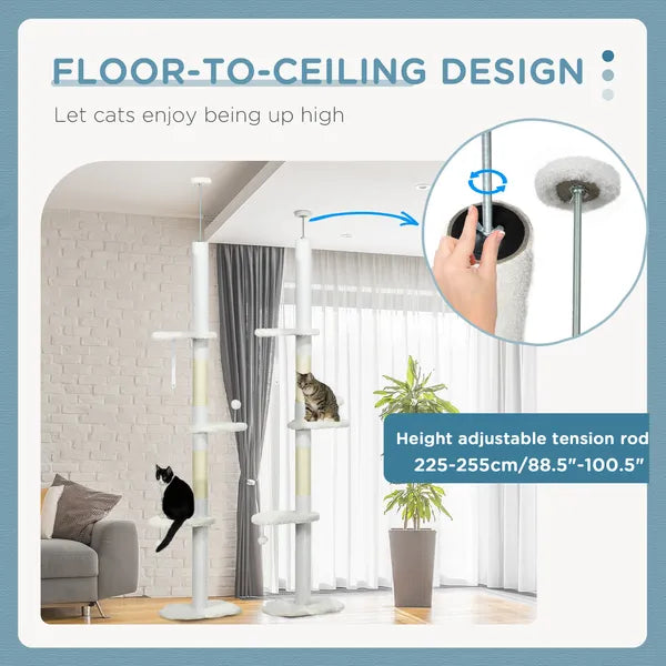 PawHut 8.4' Floor to Ceiling Cat Tree, Adjustable Height, White - product image 5