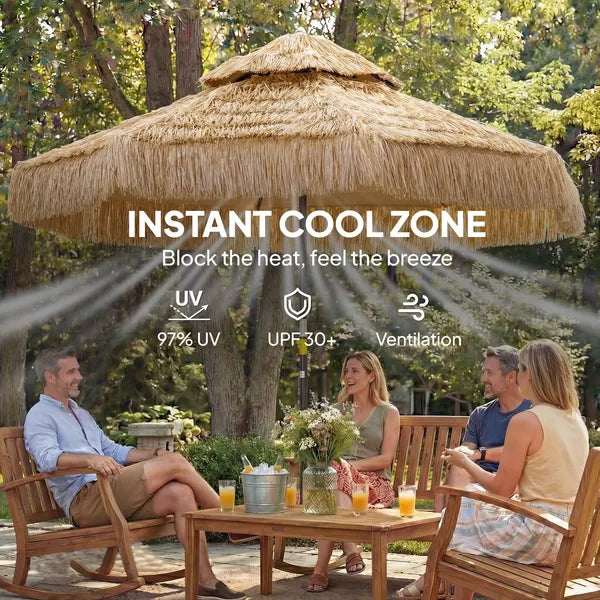 Outsunny 8.5 Ft Hula Thatched Tiki Patio Umbrella, 2-Tier Tropical Hawaiian Style Outdoor Umbrella with 8 Ribs, UPF30+, Khaki - product image 5