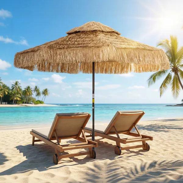 Outsunny 8.5 Ft Hula Thatched Tiki Patio Umbrella, 2-Tier Tropical Hawaiian Style Outdoor Umbrella with 8 Ribs, UPF30+, Khaki - product image 2