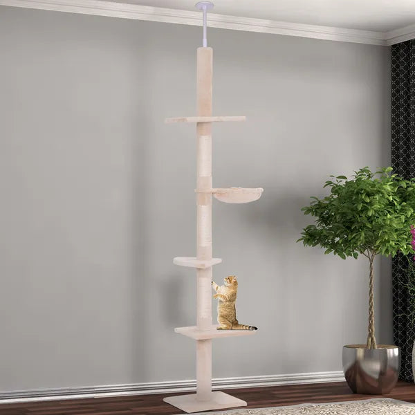 8.5' Vertical Cat Tree Adjustable Height Floor-To-Ceiling with 5 Carpeted Platforms and 3 Sisal Rope Scratching Areas Beige - product image 2