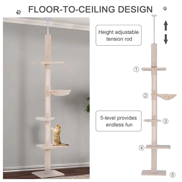 8.5' Vertical Cat Tree Adjustable Height Floor-To-Ceiling with 5 Carpeted Platforms and 3 Sisal Rope Scratching Areas Beige - product image 5