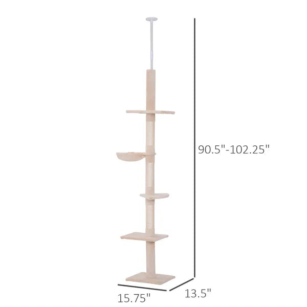 8.5' Vertical Cat Tree Adjustable Height Floor-To-Ceiling with 5 Carpeted Platforms and 3 Sisal Rope Scratching Areas Beige - product image 3