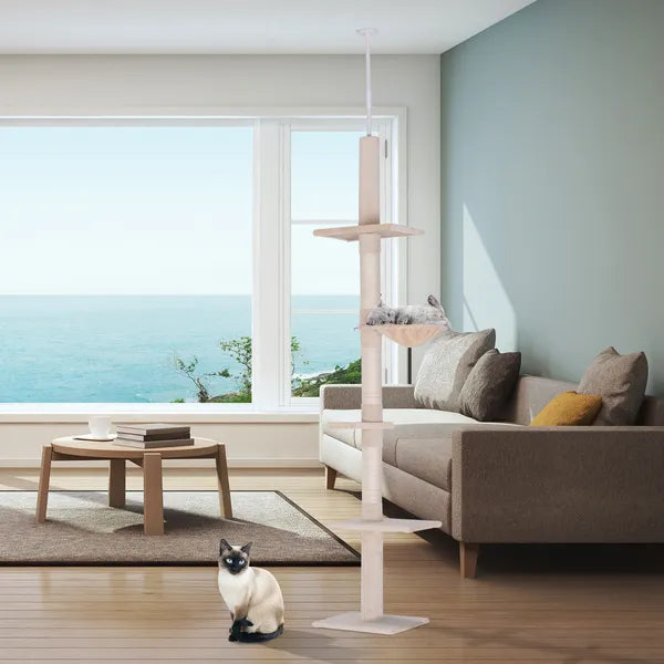 8.5' Vertical Cat Tree Adjustable Height Floor-To-Ceiling with 5 Carpeted Platforms and 3 Sisal Rope Scratching Areas Beige - product image 10