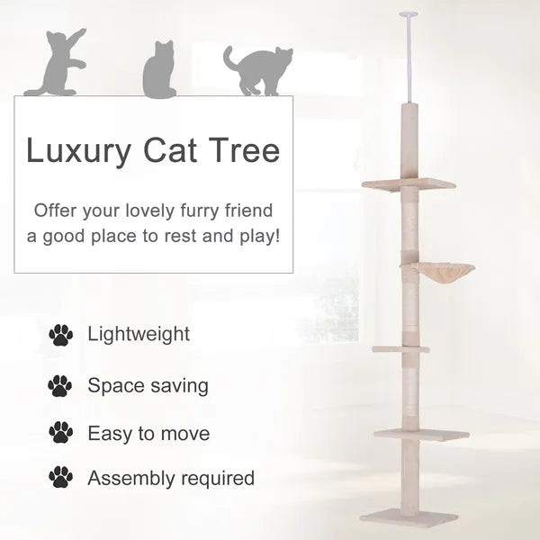 8.5' Vertical Cat Tree Adjustable Height Floor-To-Ceiling with 5 Carpeted Platforms and 3 Sisal Rope Scratching Areas Beige - product image 4