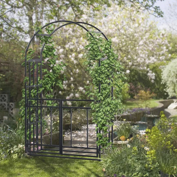 Outsunny 8ft Metal Garden Arch Grey with Double Doors Locking Gate for Wedding Bridal Party - product image 2