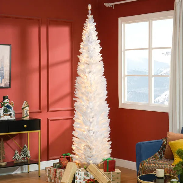 HOMCOM 8 Ft Pencil Christmas Tree, Slim Pre-Lit Christmas Tree with Realistic Branches and Warm White LED Lights, White - product image 2