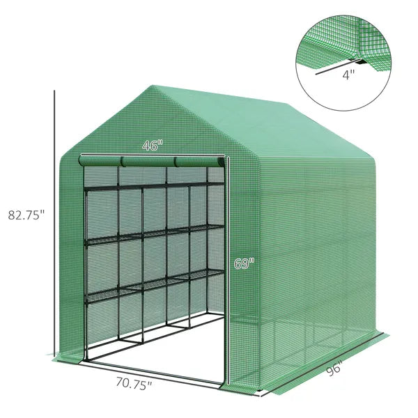 Outsunny 8x6x7 Walk-in Greenhouse, with Roll-up Zipper Door and Windows, 18 Shelves, PE Cover, UV protective for Garden, Green - product image 3