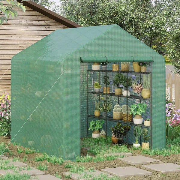 Outsunny 8x6x7 Walk-in Greenhouse, with Roll-up Zipper Door and Windows, 18 Shelves, PE Cover, UV protective for Garden, Green - product image 10
