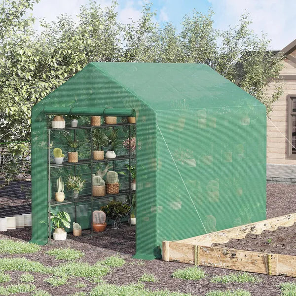 Outsunny 8x6x7 Walk-in Greenhouse, with Roll-up Zipper Door and Windows, 18 Shelves, PE Cover, UV protective for Garden, Green - product image 2