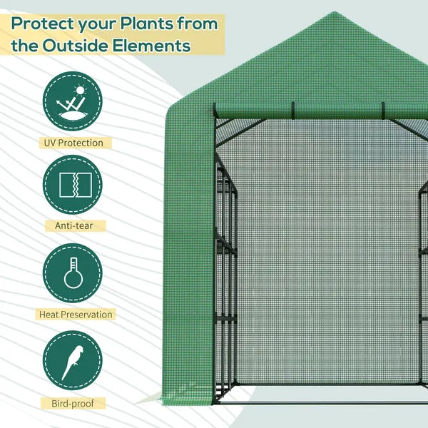Outsunny 8x6x7 Walk-in Greenhouse, with Roll-up Zipper Door and Windows, 18 Shelves, PE Cover, UV protective for Garden, Green - product image 4