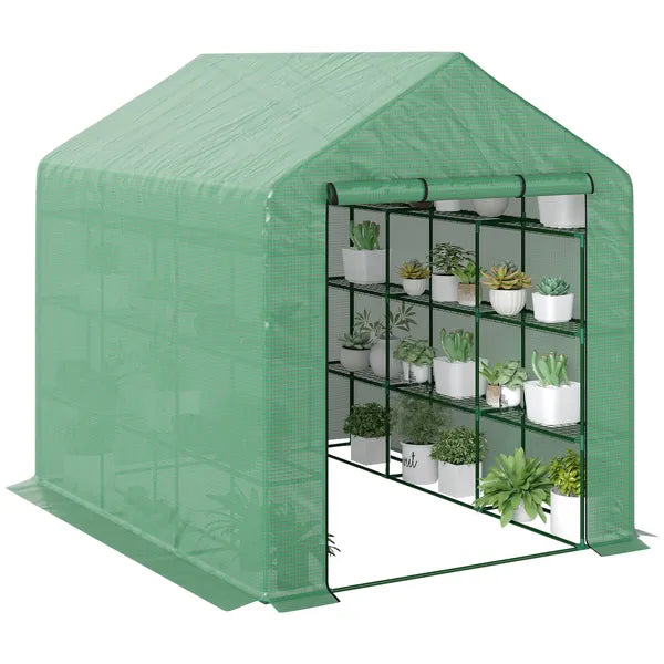 Outsunny 8x6x7 Walk-in Greenhouse, with Roll-up Zipper Door and Windows, 18 Shelves, PE Cover, UV protective for Garden, Green - product image 1