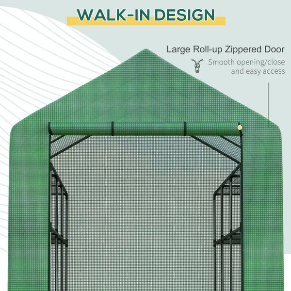 Outsunny 8x6x7 Walk-in Greenhouse, with Roll-up Zipper Door and Windows, 18 Shelves, PE Cover, UV protective for Garden, Green - product image 5