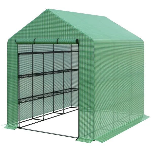 Outsunny 8x6x7 Walk-in Greenhouse, with Roll-up Zipper Door and Windows, 18 Shelves, PE Cover, UV protective for Garden, Green - product image 11