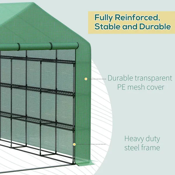 Outsunny 8x6x7 Walk-in Greenhouse, with Roll-up Zipper Door and Windows, 18 Shelves, PE Cover, UV protective for Garden, Green - product image 6
