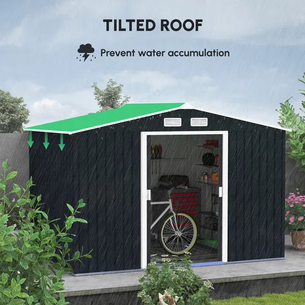 Outsunny 9 ft x 6 ft Metal Storage Shed - Dark Gray, Garden Tool House, 2 Sliding Doors, 4 Air Vents, for Backyard, Patio and Lawn - product image 4