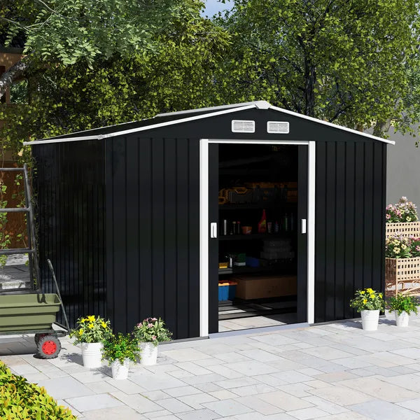 Outsunny 9 ft x 6 ft Metal Storage Shed - Dark Gray, Garden Tool House, 2 Sliding Doors, 4 Air Vents, for Backyard, Patio and Lawn - product image 2