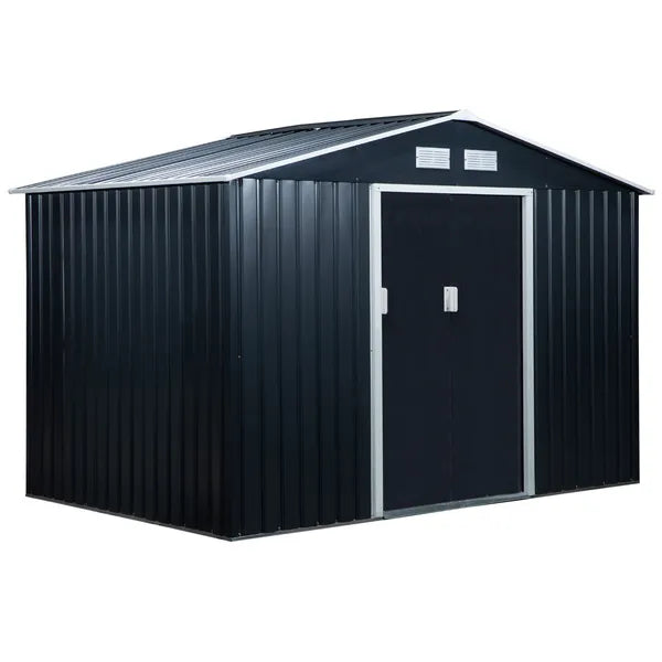 Outsunny 9 ft x 6 ft Metal Storage Shed - Dark Gray, Garden Tool House, 2 Sliding Doors, 4 Air Vents, for Backyard, Patio and Lawn - product image 1