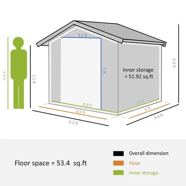 Outsunny 9 ft x 6 ft Metal Storage Shed - Dark Gray, Garden Tool House, 2 Sliding Doors, 4 Air Vents, for Backyard, Patio and Lawn - product image 3