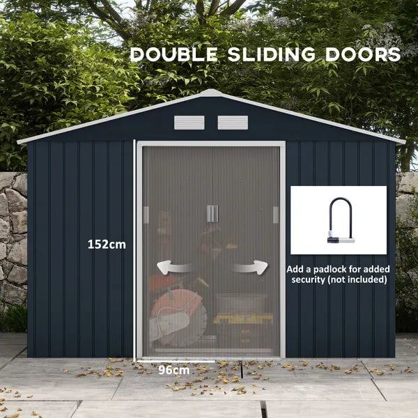 Outsunny 9 ft x 6 ft Metal Storage Shed - Dark Gray, Garden Tool House, 2 Sliding Doors, 4 Air Vents, for Backyard, Patio and Lawn - product image 6