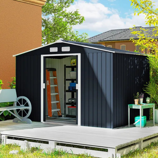 Outsunny 9' x 6' Outdoor Storage Shed, Garden Tool Metal Shed with Foundation Kit, Dark Gray - product image 2