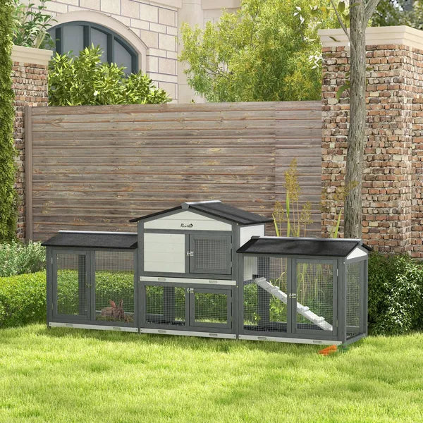 90.5" Wooden Rabbit Hutch Bunny Cage Pet Playpen House with Double Side Run Boxes, for Guinea Pig and Small Animals, Light Gray - product image 2