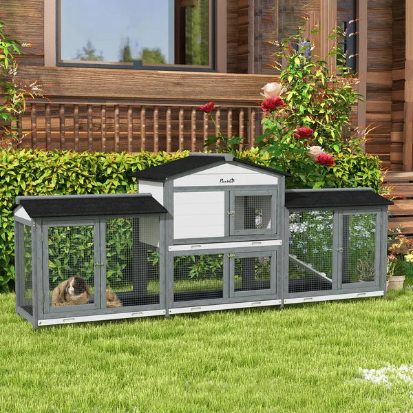 90.5" Wooden Rabbit Hutch Bunny Cage Pet Playpen House with Double Side Run Boxes, for Guinea Pig and Small Animals, Light Gray - product image 10