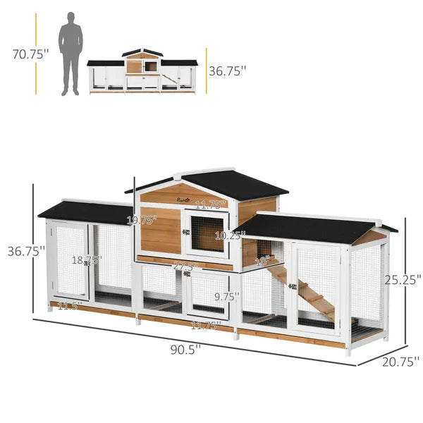 90.5" Wooden Rabbit Hutch Bunny Cage, Small Animals House with Double Side Run Boxes, for Guinea Pig and Small Animals, White - product image 3