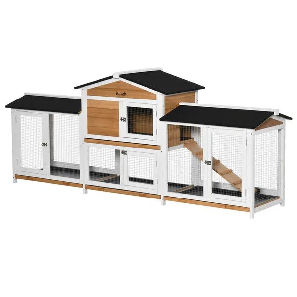 90.5" Wooden Rabbit Hutch Bunny Cage, Small Animals House with Double Side Run Boxes, for Guinea Pig and Small Animals, White - product image 1