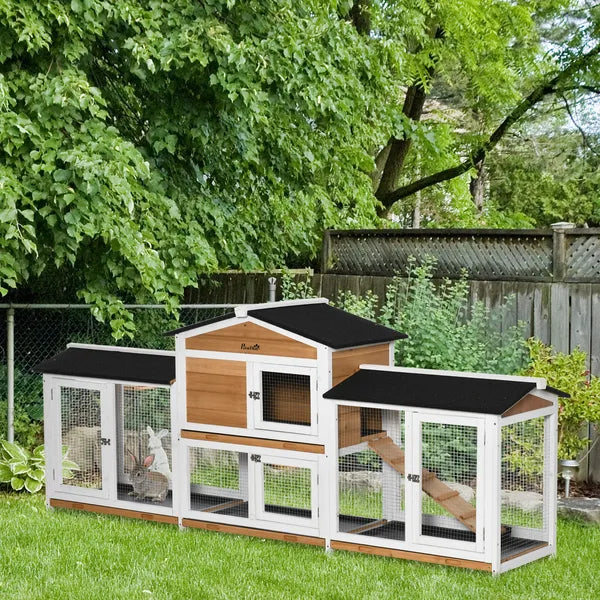 90.5" Wooden Rabbit Hutch Bunny Cage, Small Animals House with Double Side Run Boxes, for Guinea Pig and Small Animals, White - product image 2