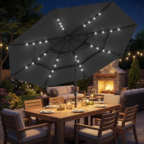 Outsunny 9.7 Ft Outdoor Patio Umbrella with Solar LED Lights, 3 Tier Outdoor Table Umbrella with Tilt, Crank, Black - product image 9