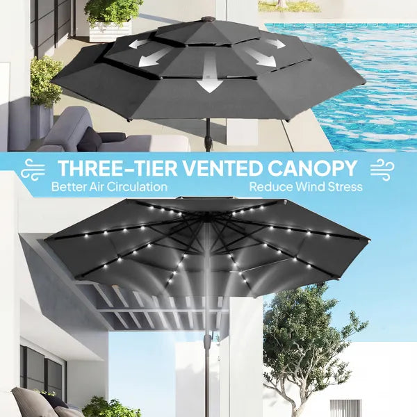 Outsunny 9.7 Ft Outdoor Patio Umbrella with Solar LED Lights, 3 Tier Outdoor Table Umbrella with Tilt, Crank, Black - product image 5