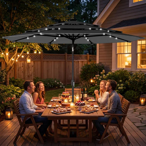 Outsunny 9.7 Ft Outdoor Patio Umbrella with Solar LED Lights, 3 Tier Outdoor Table Umbrella with Tilt, Crank, Black - product image 2