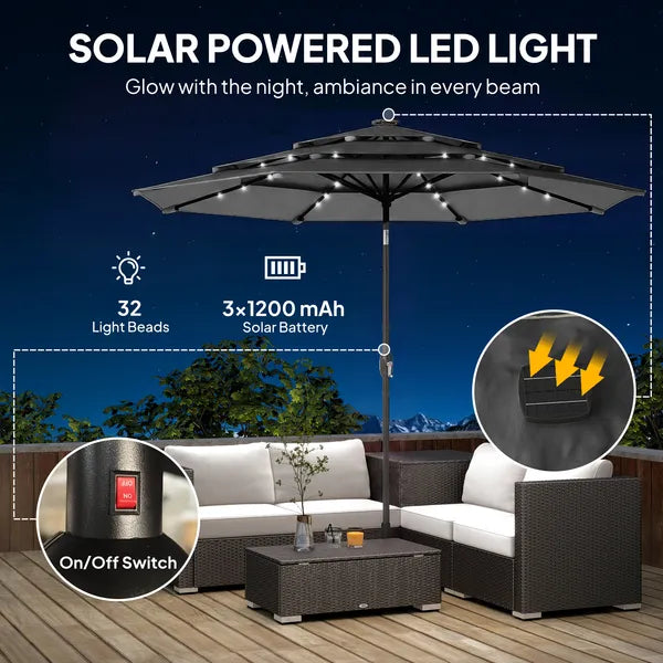 Outsunny 9.7 Ft Outdoor Patio Umbrella with Solar LED Lights, 3 Tier Outdoor Table Umbrella with Tilt, Crank, Black - product image 4