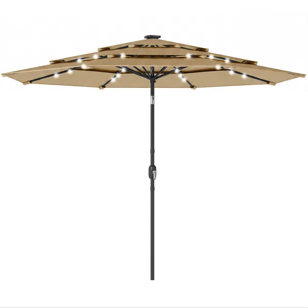 Outsunny 9.7 Ft Outdoor Patio Umbrella with Solar LED Lights, 3 Tier Outdoor Table Umbrella with Tilt, Crank, Khaki - product image 1